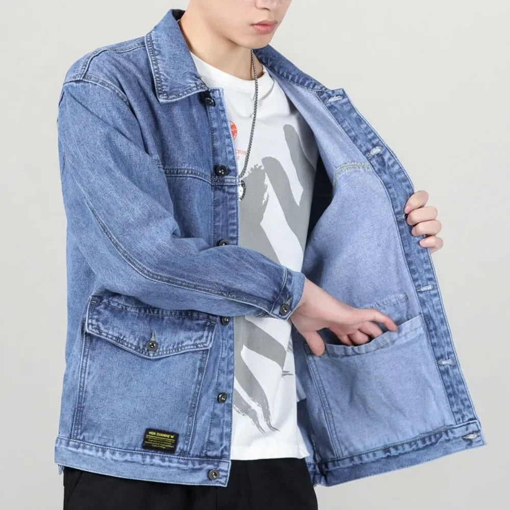 Denim jacket men's baggy multi-pocket