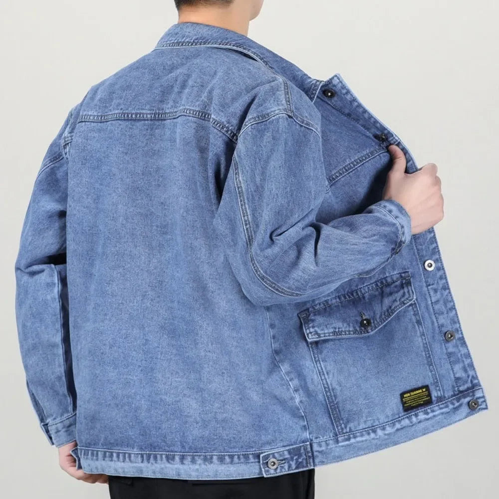 Denim jacket men's baggy multi-pocket